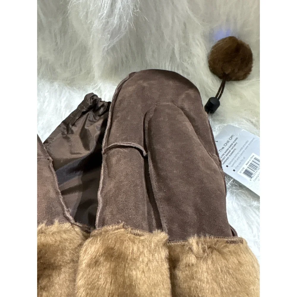 Brookstone Chill Buster Brown Suede Mittens Fur Trim One Size NWT 571570